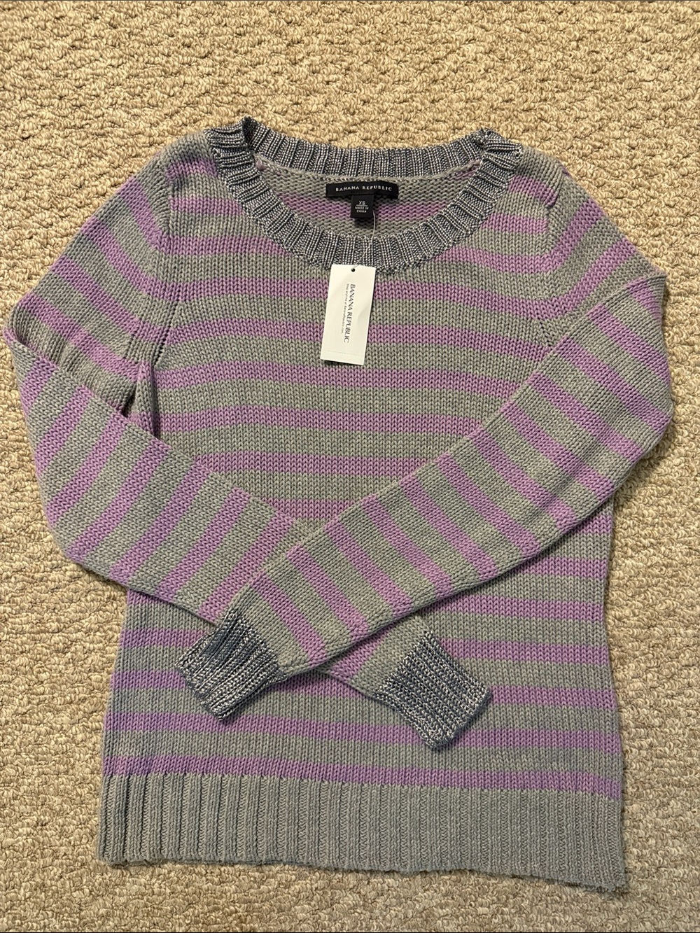 Banana Republic Gray and Lavender Striped Crew Sweater